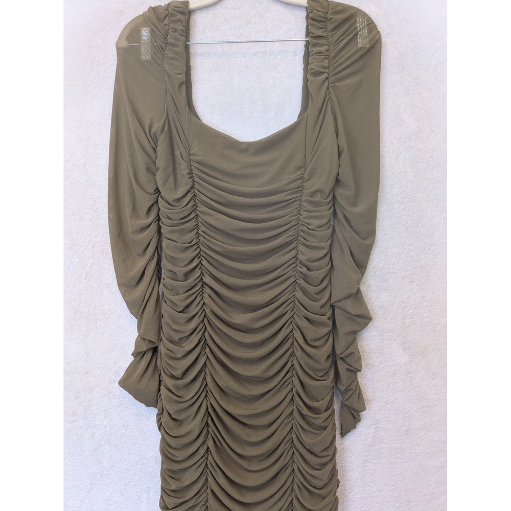 SHEIN Bodycon Dress Women's Size 6 Olive Green Ruched Mesh Square Neck Midi - Picture 5 of 9